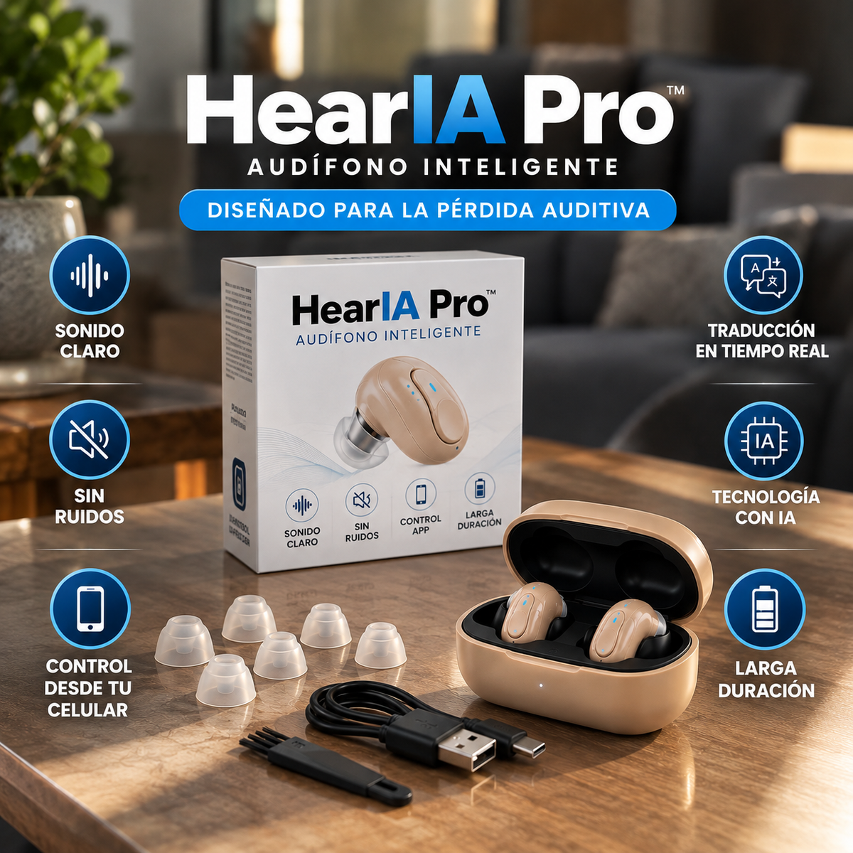 Audífono Inteligente HearIA Pro™ – Audición con IA, Traducción en Tiempo Real y Control de Distancia